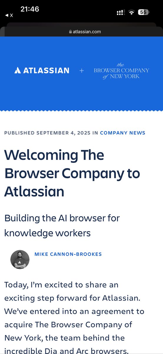 开发了 Arc 和 Dia 的 The Browser Company 被收购了。

收购方是开放了 Jira 等办公软件的 Atlassian。

atlassian.com/blog/announcem…