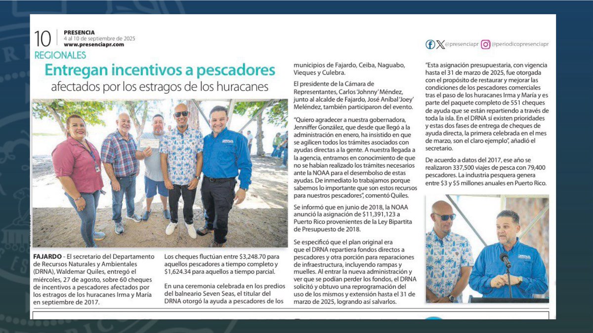 Cámara de Representantes de Puerto Rico (@camaraconpr) on Twitter photo 📰 | El presidente de la Cámara, <a href="/JohnnyMndez36/">Johnny Méndez</a>, junto al alcalde de Fajardo, José Aníbal “Joey” Meléndez, participaron en la entrega de más de 60 cheques de incentivos a pescadores afectados por los huracanes.
#CamaraPR #Compromiso #Progreso #Futuro
Conoce más aquí ⬇️ 📰 | El presidente de la Cámara, <a href="/JohnnyMndez36/">Johnny Méndez</a>, junto al alcalde de Fajardo, José Aníbal “Joey” Meléndez, participaron en la entrega de más de 60 cheques de incentivos a pescadores afectados por los huracanes.
#CamaraPR #Compromiso #Progreso #Futuro
Conoce más aquí ⬇️