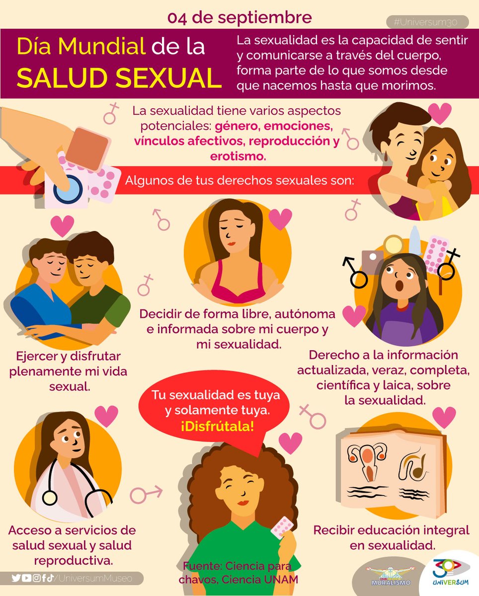 💥4 Sept. 2025
Día Mundial de la Salud Sexual.
Iniciativa promovida por la Asociación Mundial para la Salud Sexual (WAS), para visibilizar la importancia de hablar de sexualidad de forma abierta, segura y sin prejuicios, sin discriminación o riesgos

#SaludSexual