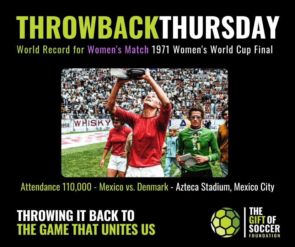 #ThrowbackThursday: 110,000 fans at Azteca for the 1971 Women’s World Cup Final 🇲🇽⚽
That same spirit drives The Gift of Soccer—collecting &amp; repurposing gear so every kid can play.
Donate, start a drive, or volunteer today.
#womensequalityday   #GiftOfSoccer #PLAY #MASTERCLASS