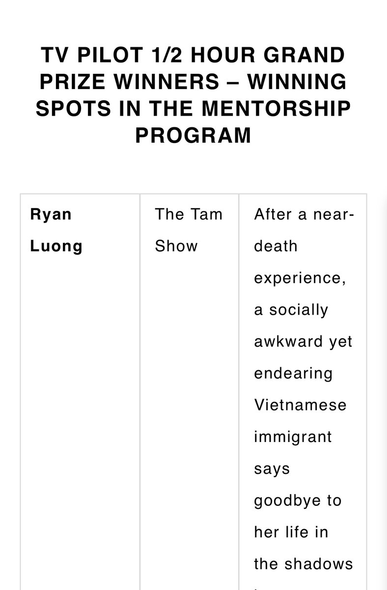 She’s a winner, baby! So grateful to announce that my pilot “The Tam Show” is a grand prize winner in the <a href="/ShoreScripts/">Shore Scripts</a> TV mentorship program. Excited for what’s to come!