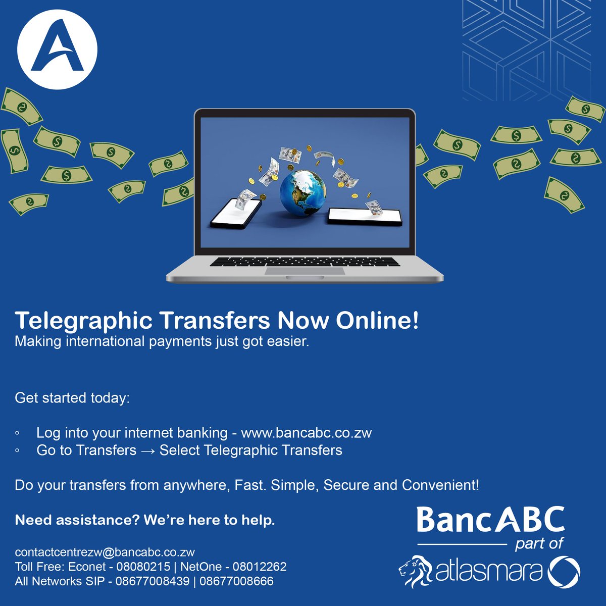 Telegraphic Transfers (TTs) are now LIVE on @bancabczw Online Banking! 💻💸

Fast, secure international payments at your fingertips — anytime, anywhere. 🙌

Log in and make your TT today!

#BankDifferent
#BancABCOnlineBanking
#TelegraphicTransfersWithBancABC