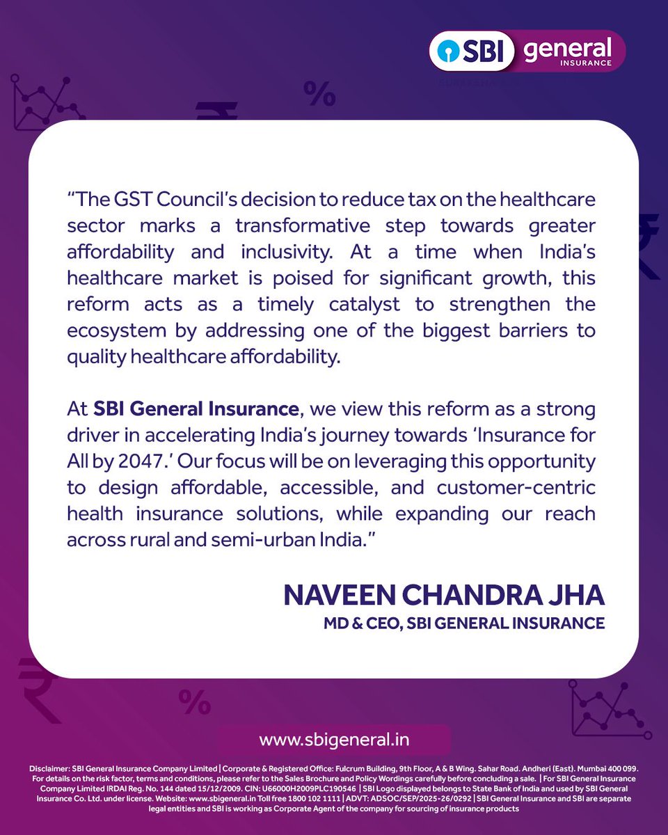 sbigeneral's tweet image. From 18% ➝ 0%, the difference is for you.
This development ensures that safeguarding your health is no longer a burden but an accessible right. 

#SBIGeneral #InsuranceForAll #NextGenGST