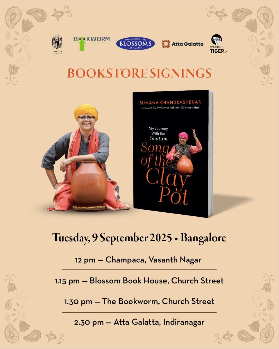 Speaking Tiger (@speakingtiger14) on Twitter photo Bangalore ✨✨Ghatam player, researcher, and writer Sumana Chandrashekar will be signing copies of her book, 'Song of the Clay Pot', 9th Sept at:
✍🏻 12 pm: <a href="/ChampacaBooks/">Champaca</a>
✍🏻 1.15 pm: <a href="/blossombookhous/">Blossom book house</a>
✍🏻 1.30 pm: <a href="/bookworm_Kris/">Bookworm Bookstore, Blr</a>
✍🏻 2.30 pm: <a href="/AttaGalatta/">Atta Galatta</a> Bangalore ✨✨Ghatam player, researcher, and writer Sumana Chandrashekar will be signing copies of her book, 'Song of the Clay Pot', 9th Sept at:
✍🏻 12 pm: <a href="/ChampacaBooks/">Champaca</a>
✍🏻 1.15 pm: <a href="/blossombookhous/">Blossom book house</a>
✍🏻 1.30 pm: <a href="/bookworm_Kris/">Bookworm Bookstore, Blr</a>
✍🏻 2.30 pm: <a href="/AttaGalatta/">Atta Galatta</a>