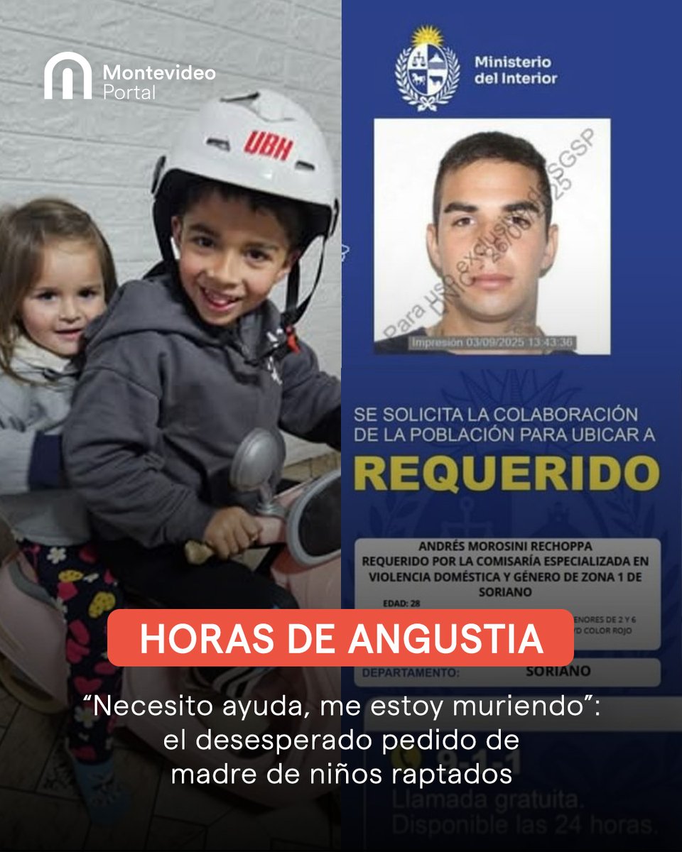 Andrés Morosini Rechoppa ingresó sin autorización a la vivienda de su expareja. De allí se llevó a la fuerza a sus dos hijos, un niño de 6 y una niña de 2 años, y huyó con ellos en su vehículo marca BYD de color rojo, matrícula KPA 1970.
 
 👉 m.uy/uc935319