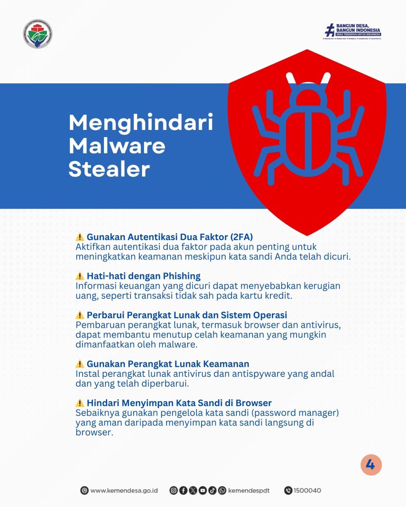 #SobatDesa, ayo semakin mawas diri dengan keamanan data. Terlebih saat ini ada Malware Stealer. 

Malware Stealer merupakan jenis malware yang berfungsi untuk mencuri informasi dari perangkat yang terinfeksi.