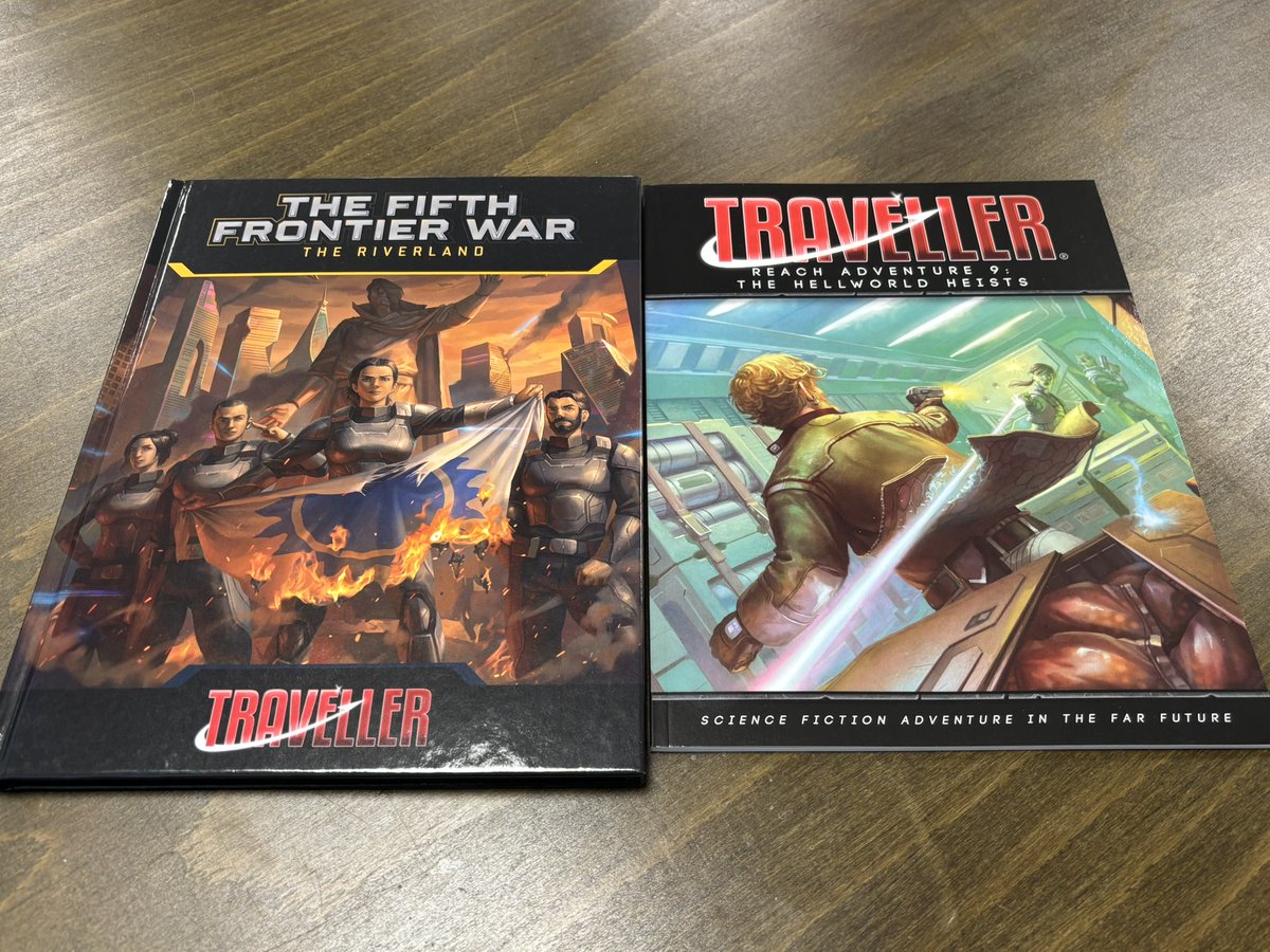 We have just received production copies of The Riverland for the Fifth Frontier War and The Hellworld Heists, a selection of, well, heists for your Travellers to embark upon!

These are currently on a boat crossing the Atlantic and we will be sending out copies soon!

#ttrpg