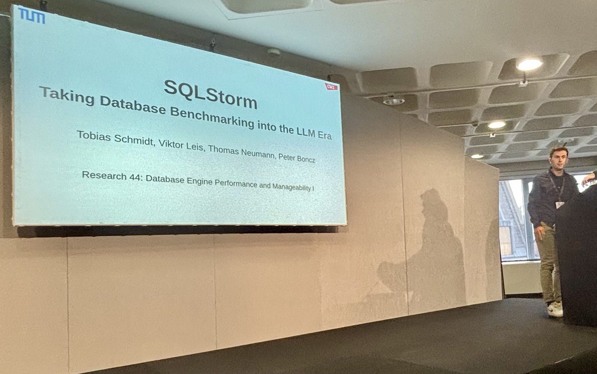 peterabcz's tweet image. Tobias Schmidt (TUM) at @VLDBconf presented SQLStorm, which uses LLMs to generate a huge amount of large queries.

SQLStorm now has 18K different complex queries and runs on a large real-world dataset (stackoverflow)  

paper: vldb.org/pvldb/vol18/p4…
code: github.com/SQL-Storm/SQLS…
