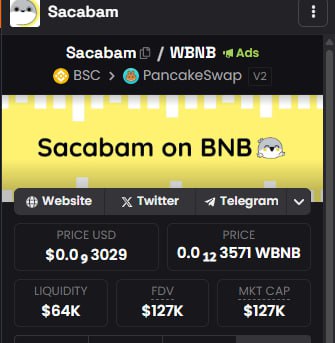 Double Update, Double Firepower
Dexscreener updated
Ads campaign live

— we’re making the market MOVE. 

🔗 Dexscreener Live
dexscreener.com/bsc/0x117b42c1…

CA: 0xD2Be3Fa8d2792b44014715d0Bb7639f3809e2C1d

The stage is set. The spotlight’s on. Sacabam is here to run.