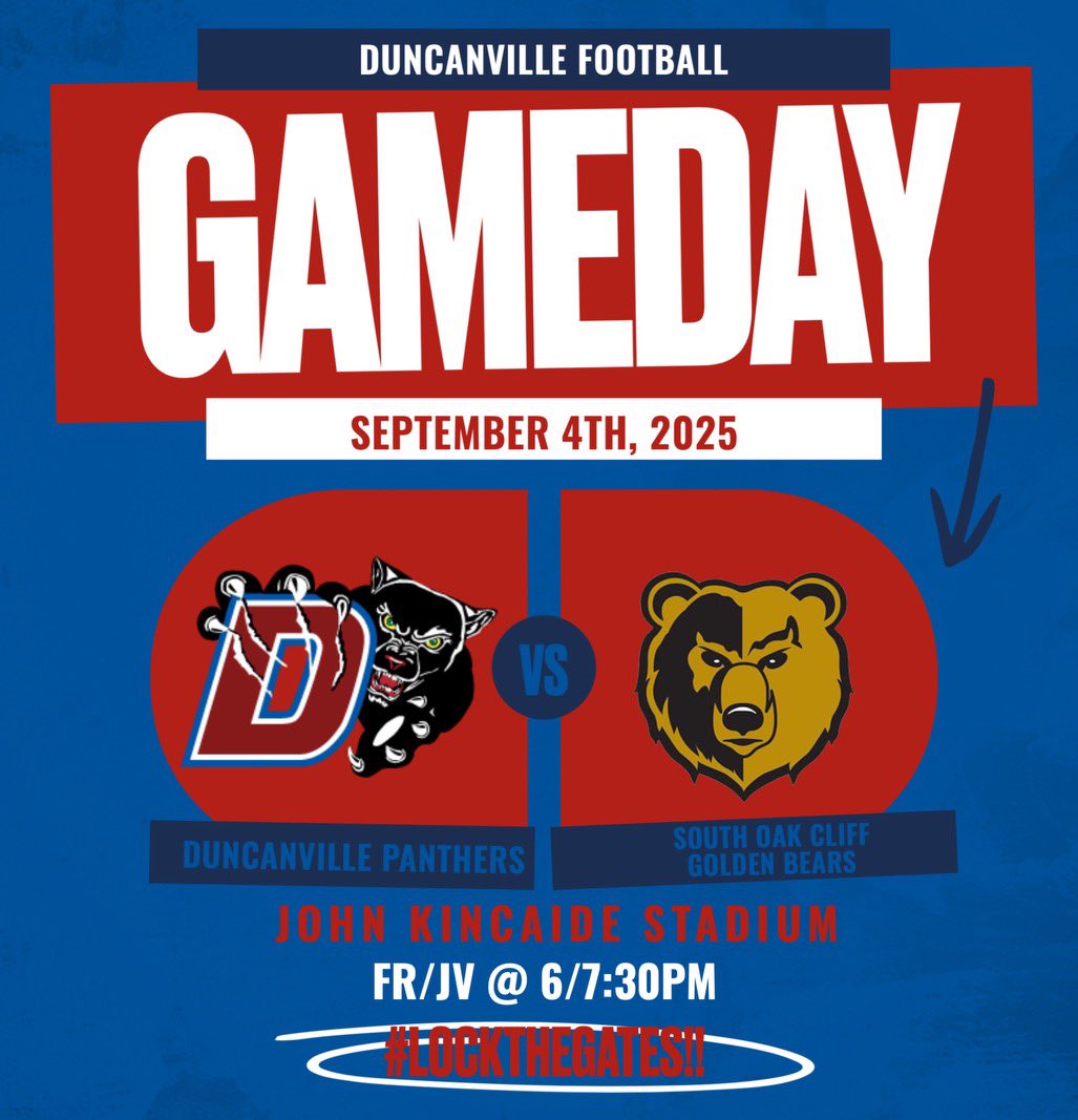 It’s game day for our Freshman and JV Panthers! 🏈 Come out tonight and support our Duncanville squad as they face off against the SOC Golden Bears. Good luck, Panthers — we’re behind you all the way! 💪🐾 #PantherPride #GameDay