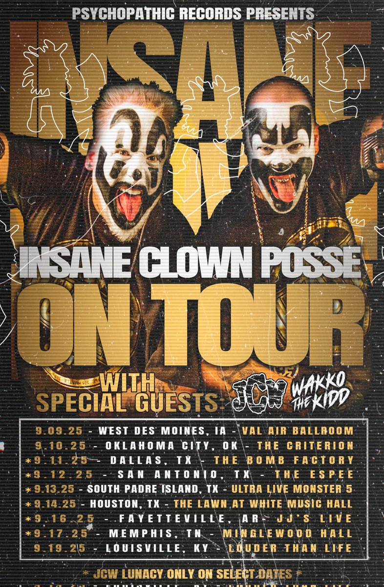 The ICP Tour kicks off in just 5 days at the <a href="/ValAirBallroom/">Val Air Ballroom</a> in West Des Moines, IA! 🔥 Who’s pulling up?

#InsaneClownPosse hits the road September 9–19 with special guests <a href="/wakkothekidd/">WAKKO THE KIDD 🎈</a> and <a href="/jcwlunacy/">Juggalo Championship Wrestling</a> (select dates only)! 

DATES:
• 9/9 – Wes Des Moines, IA @ Val Air Ballroom