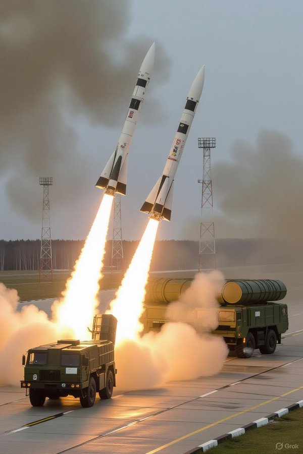 Two long-range missiles launching upward with bright flames and smoke trails. Military vehicles, including a truck with cylindrical containers, are visible on a runway. Tall light poles stand in the background against a smoky sky.