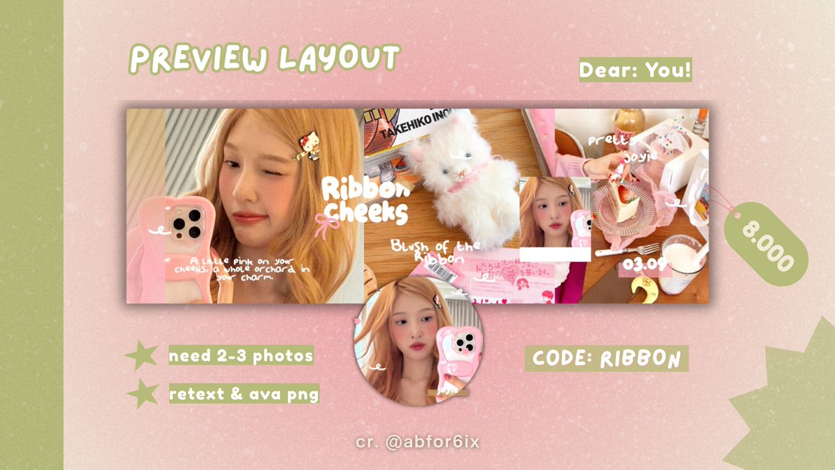 abfor6ix's tweet photo. help retweet please? thank you ♡

haiii, yiya membawa layout ready stock { pharita, joy, wonyoung, leeseo } new update yg bisa langsung kalian bawa pulang ⭐🤍 ketuk dm yiya buat jemput yaa, selamat jajan! <3 #zonauang https://t.co/3XbJe0Z74j