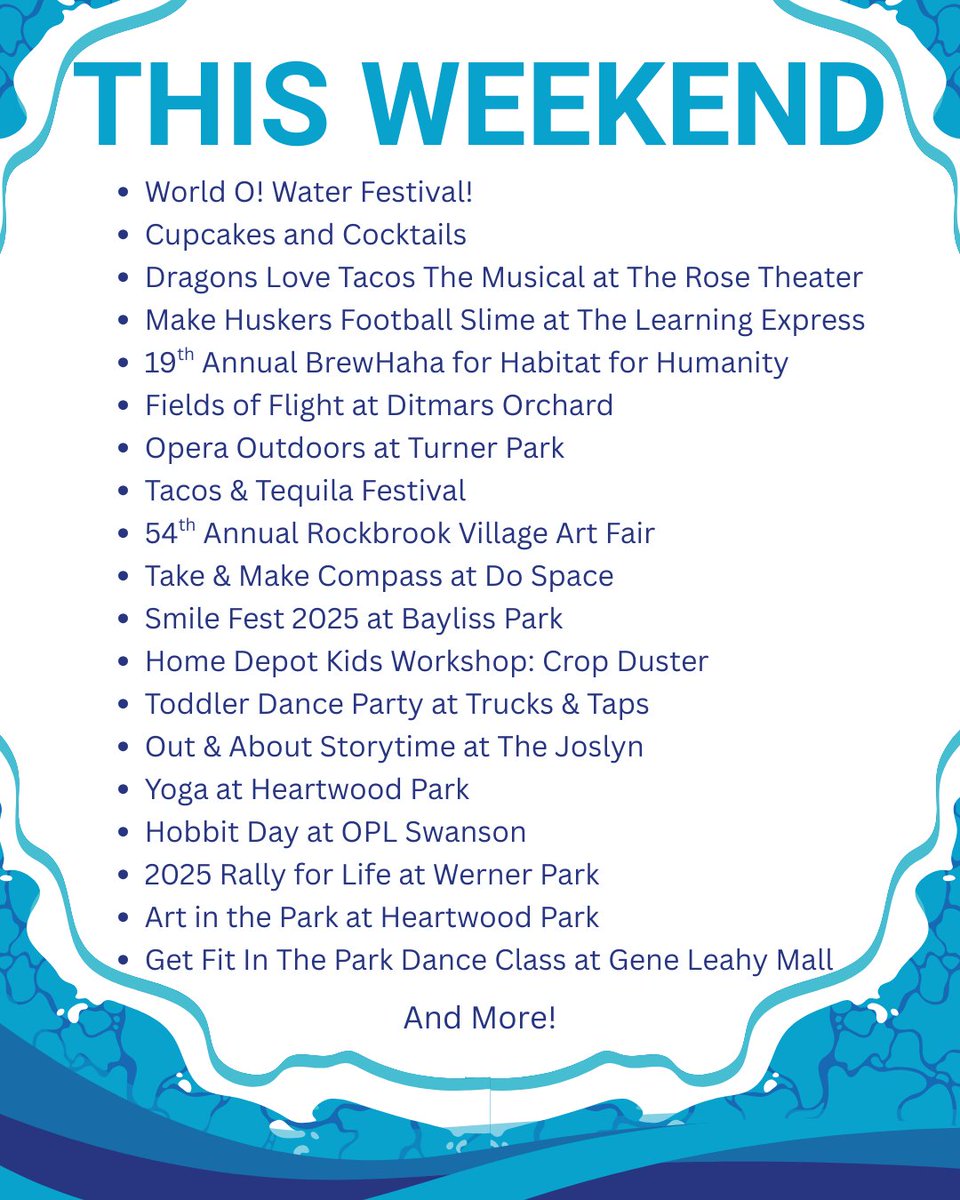 Omaha is packed with family fun this weekend—plus some adult-only fun too!  From the World O! Water Festival and Opera Outdoors to Smile Fest, art fairs, kids’ workshops, dance parties, and more!

familyfuninomaha.com/events/

#FamilyFunInOmaha #OmahaFamilyFun #Omaha