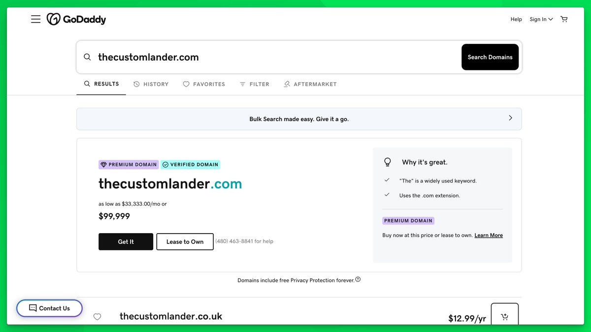 afternic's tweet image. Lease to Own + GoDaddy Search

When you enable Lease to Own at Afternic, your domains show up for buyers searching on GoDaddy - the world’s largest registrar.

This gives you a higher chance of selling compared with displaying Lease to Own on your lander alone.

No extra steps…