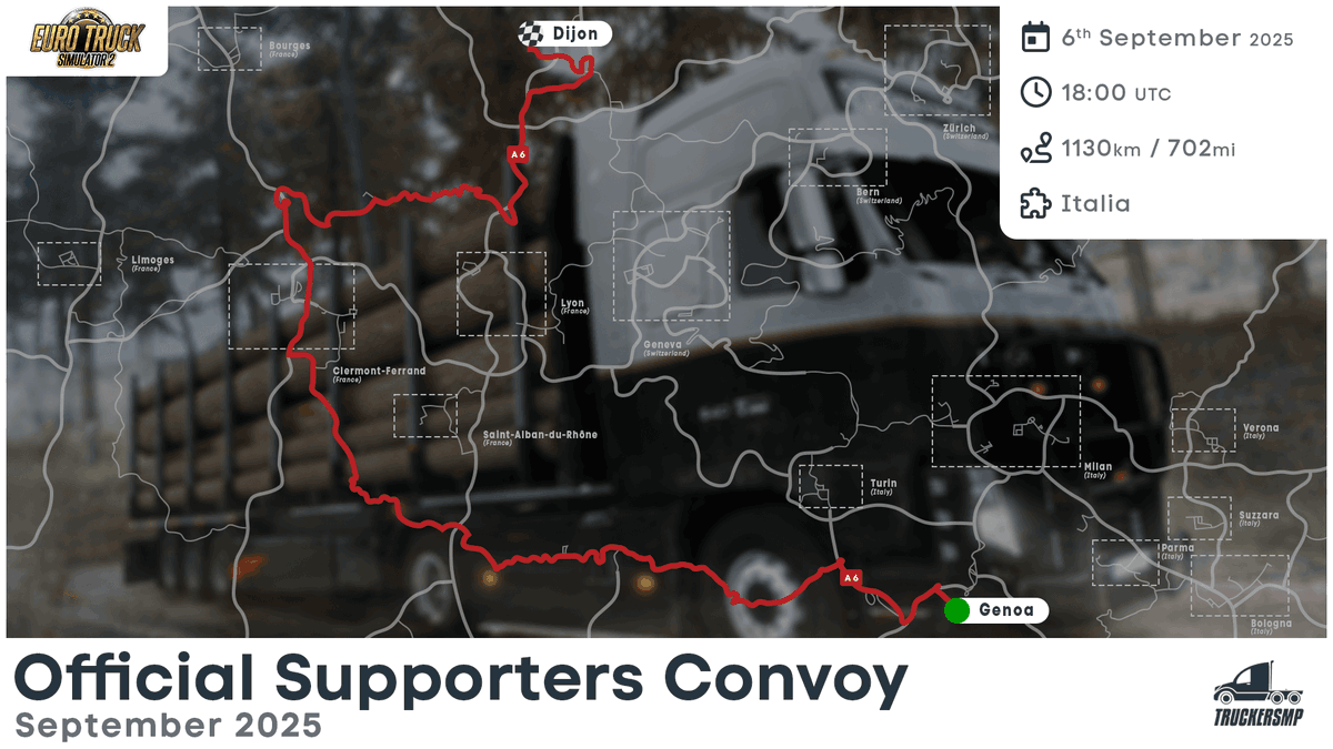 📣 Calling all Patrons, Twitch Subs and Nitro boosters 😍

A reminder that the TruckersMP Supporters convoy is this Saturday, 6th September 📅

👉 Find out how to sign up here  truckersmp.com/blog/331

#TruckersMP #Community #SCSSOFT #SCS #ETS2 #EuroTruckSimulator2