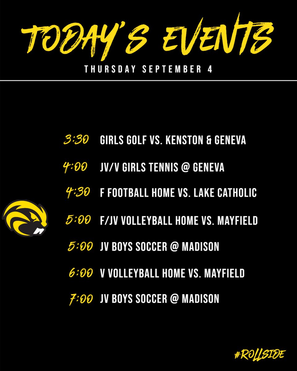 Event status due to weather will be posted if necessary. Girls golf will compete at Punderson State Park, while freshman volleyball will compete in the RHS gym and JV will play in the field house. #RollSide