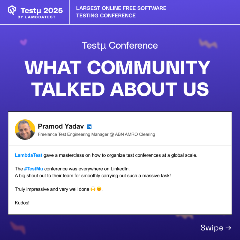 testmuai's tweet photo. #TestMuConf 2025 was a huge success, thanks to YOU! 🚀
We’re blown away by your feedback 🌟

👉🏻 Swipe to see what the community said, and rewatch your favorite sessions here 🔗 https://t.co/w6m19DfTuA