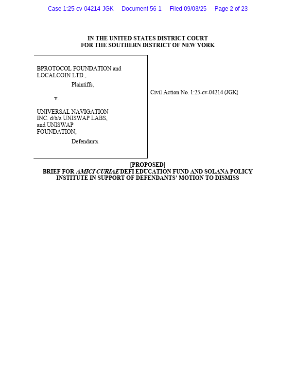 Today, DEF and <a href="/SolanaInstitute/">Solana Policy Institute</a> submitted an amicus brief in support of <a href="/Uniswap/">Uniswap Labs 🦄</a> &amp; <a href="/UniswapFND/">Uniswap Foundation</a>'s motion to dismiss claims brought against them by Bprotocol Foundation and LocalCoin Ltd.

🧵🧵🧵