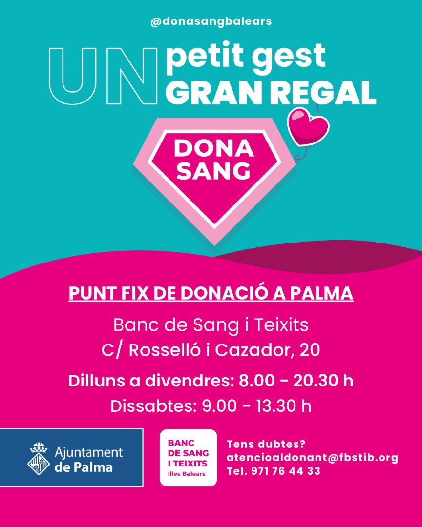 🩸 DONA SANG, DONA VIDA

💉 Un gest senzill pot salvar moltes vides. Amb una sola donació en pots ajudar fins a tres.

Si tens entre 18 i 65 anys, peses més de 50 quilos i gaudeixes de bona salut, ets apte per donar sang.

📍 Punt fix a Palma:
Banc de Sang i Teixits