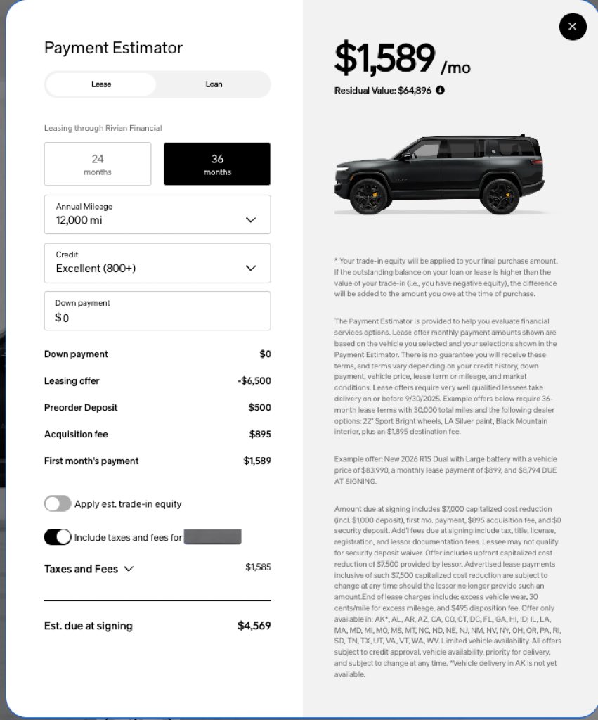 Hey Rivian friends … I know the $7,500 tax credit is supposed to come off of the R1S lease but I’m not seeing it mentioned here? What am I missing.  It says a cap cost reduction of $7,500 provided by lessor but not the EV credit. They’re offering $15,000 off if you lease by 9/15