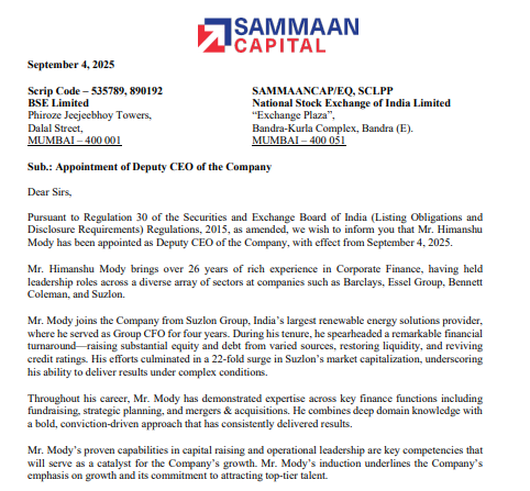Prashant Nair (@_prashantnair) on Twitter photo Sammaan Capital appoints Himanshu Mody as Deputy CEO effective September 4, 2025.
#CNBCTV18 newsbreak confirmed !
<a href="/R_Dhanrajani/">Rachna Dhanrajani</a> <a href="/ShereenBhan/">Shereen Bhan</a> #StockMarket Sammaan Capital appoints Himanshu Mody as Deputy CEO effective September 4, 2025.
#CNBCTV18 newsbreak confirmed !
<a href="/R_Dhanrajani/">Rachna Dhanrajani</a> <a href="/ShereenBhan/">Shereen Bhan</a> #StockMarket