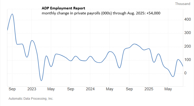 ADP's employment report for August looks worrisome: "The year started with strong job growth, but that momentum has been whipsawed by uncertainty," ADP's chief economist: adpemploymentreport.com
