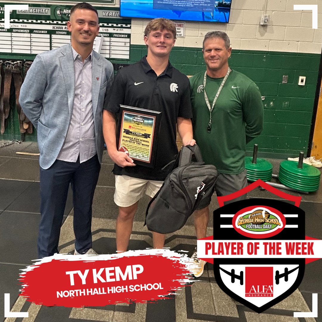 Congratulations to Ty Kemp from North Hall High School, our Georgia High School Football Daily Player of the Week presented by Alfa Insurance!🏈

Ty had 8 receptions for 177 yards and 3 touchdowns in North Hall's 43-31win over a top-10 Class 3A Cherokee Bluff. One touchdown came
