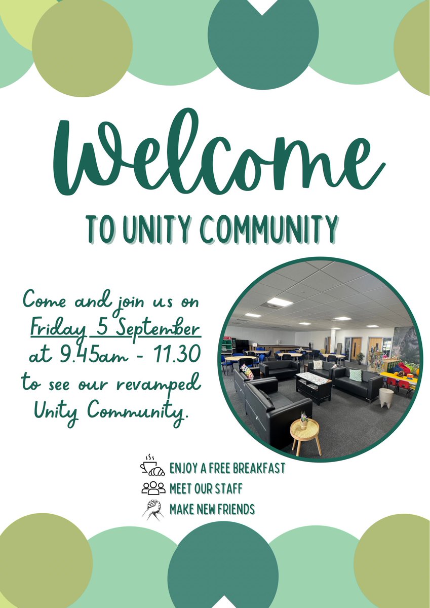 Our Unity Community is back open tomorrow, with a brand new look! Come by 9.45-11.30am to meet the team, enjoy a breakfast, and get to know your local community!