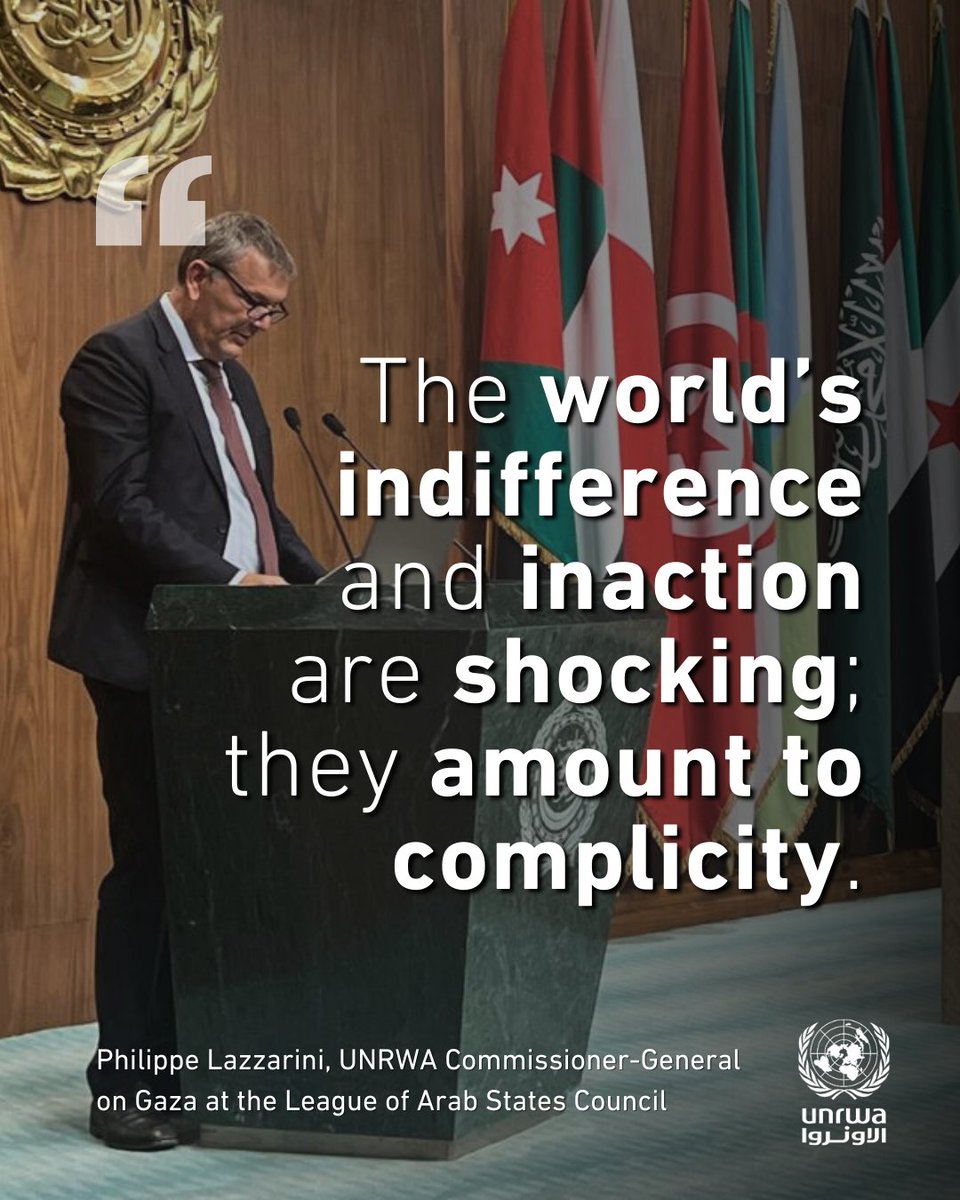 “Enough has been said.
Now is the time for action to save lives and secure the future of #Palestine and the region,” @‌UNLazzarini tells the Arab League.

A #ceasefire is imperative. UNRWA must be allowed to deliver aid and reverse the man-made famine in #Gaza.

Full statement:
