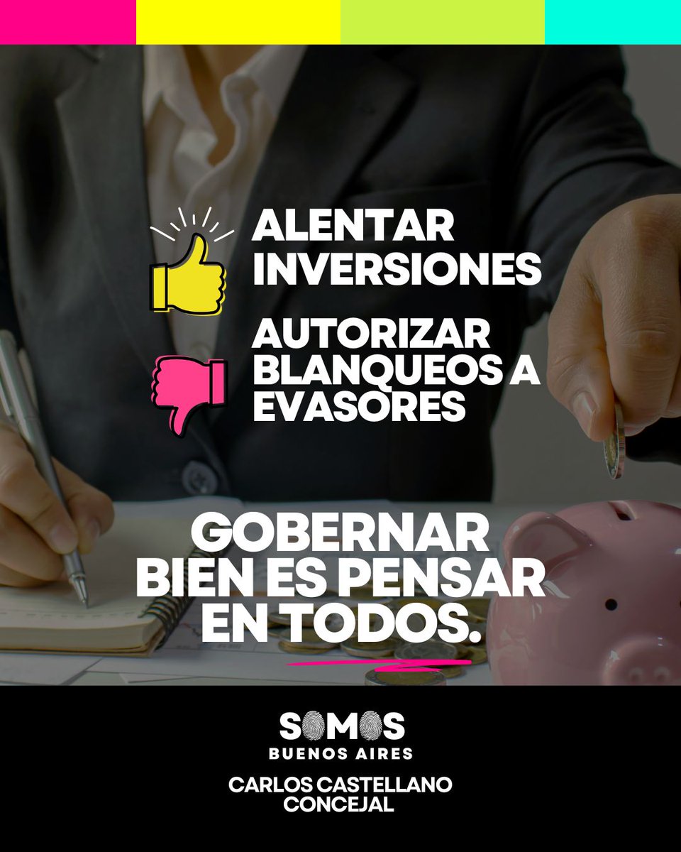 Alentar inversiones, ¡sí! 💪
Pero premiar a los evasores con blanqueos, no.
Porque construir futuro es apoyar al que produce y trabaja, no al que especula y esconde.

Somos Buenos Aires, somos San Isidro.