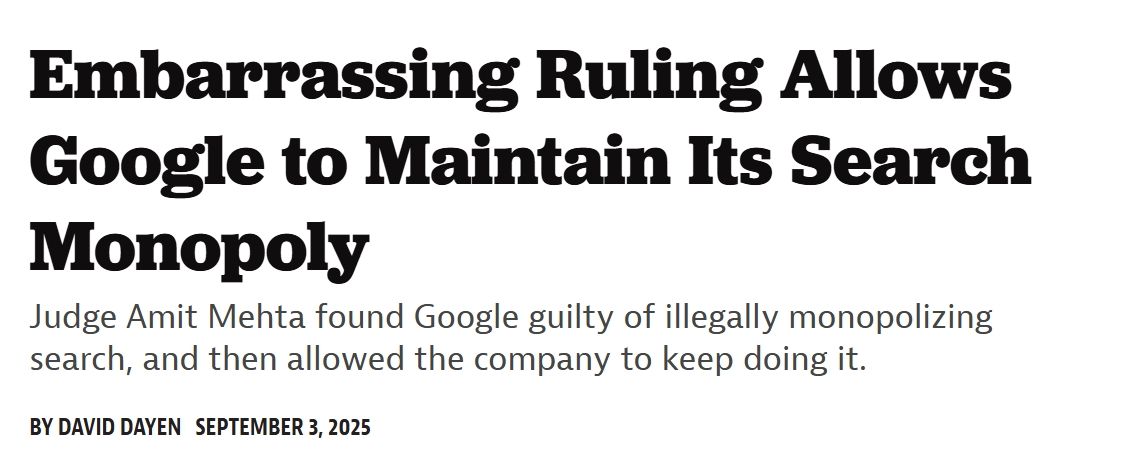 Google is going to continue its illegal search monopoly after a judge failed to offer any meaningful remedies to break up the search giant.

“The court does not have discretion to preserve Google’s monopoly," <a href="/LeeHepner/">Lee Hepner</a> tells <a href="/ddayen/">David Dayen</a>.