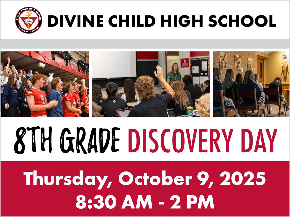 8th graders, mark your calendars! 📢📅 You are invited to experience a day in the life of a Divine Child High School Falcon at our Discovery Day on Thursday, October 9 from 8:30am-2pm! Learn more and RSVP today at bit.ly/DCHS-Discovery…