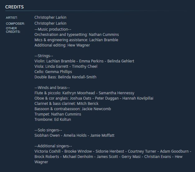 Holy shit the amount of people that worked in the silksong ost. 
The hollow knight ost was already amazing and was made only using cubase and plugins, this is going to sound beautiful.