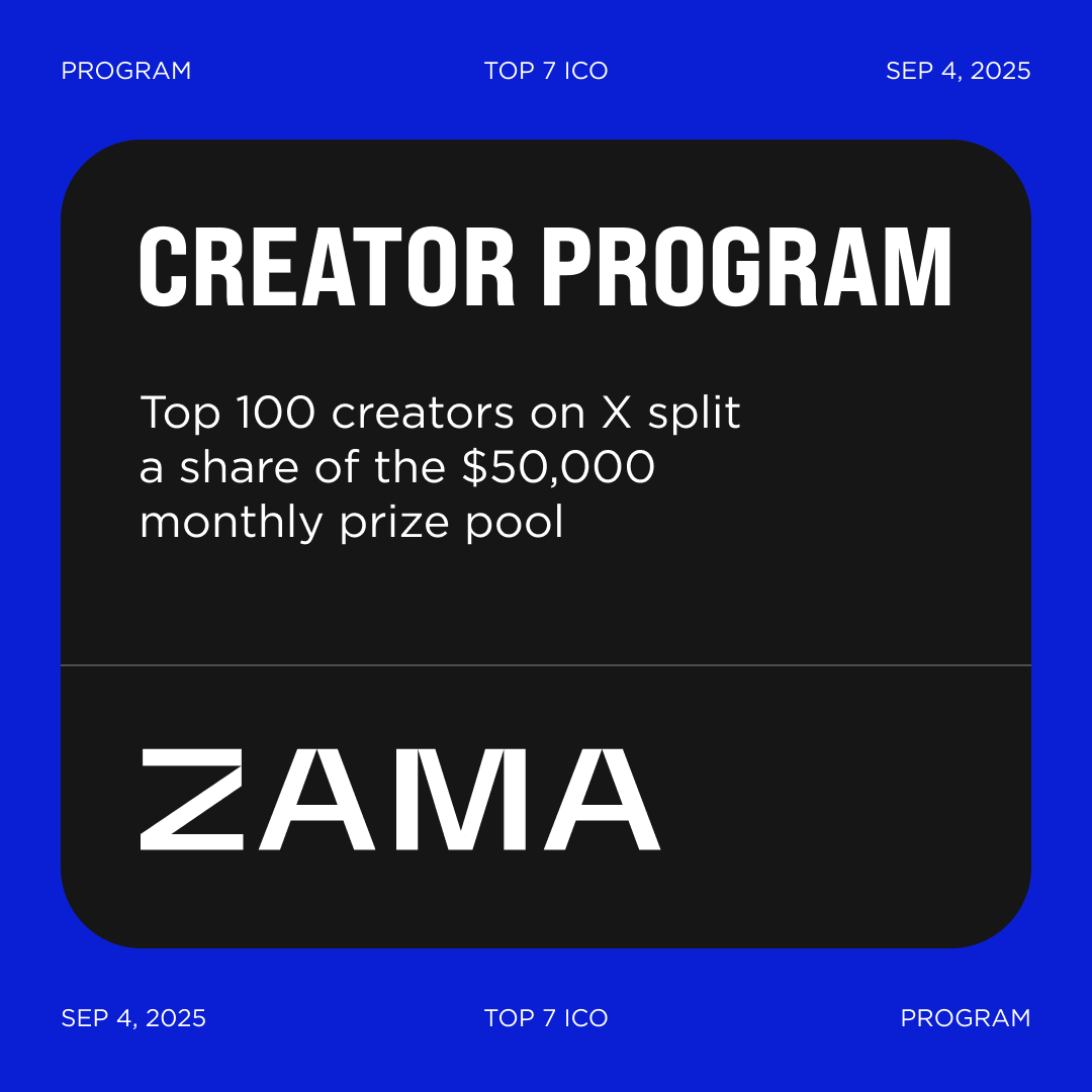 top7ico's tweet photo. Zama Creator Program Season 2 is now live!

Top 100 creators on X split a share of the $50,000 monthly prize pool. First claim period after $ZAMA TGE.

#ZamaCreatorProgram @zama https://t.co/bfYneEkljr