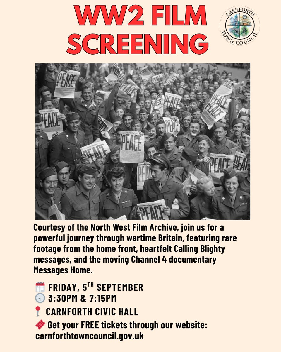 🎥 TOMORROW: Film Night at Carnforth Civic Hall! 🇬🇧
📽️ Rare wartime footage incl. Calling Blighty &amp; Messages Home
🕒 Screenings at 3:30 PM &amp; 7:15 PM
📍 FREE Tickets: trybooking.com/uk/FFBV
Mark 80 years since WWII ended.
📢 RT to spread the word!