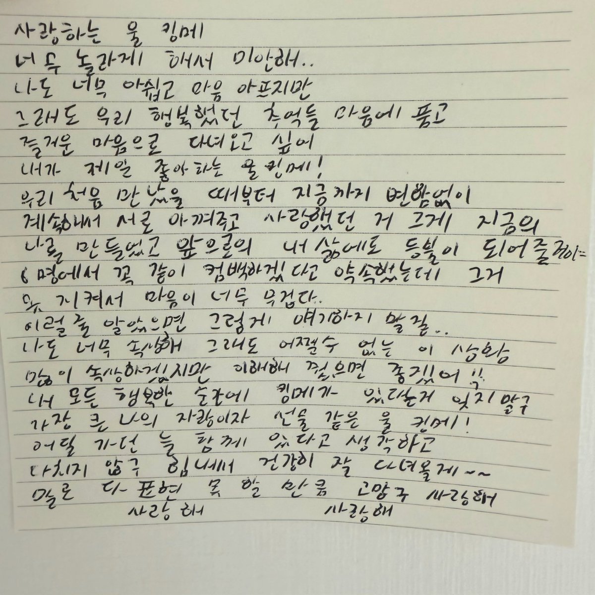 TheKingDom_GF's tweet photo. [DANN👑]

사랑하는 울 킹메
너무 놀라게 해서 미안해..
나도 너무 아쉽고 마음 아프지만 그래도 우리 행복했던 추억들 마음에 품고 즐거운 마음으로 다녀오고 싶어
내가 제일 좋아하는 울 킹메!

우리 처음 만났을 때부터 지금까지 변함없이 계속해서 서로 아껴주고 사랑했던 거 그게 지금의 나를 만들었고 앞으로의 내 삶에도 등불이 되어줄 거야.

6명에서 꼭 같이 컴백하겠다고 약속했는데 그거 못 지켜서 마음이 너무 무겁다.. 이럴 줄 알았으면 그렇게 얘기하지 말걸..  나도 너무 속상해 그래도 어쩔 수 없는 이 상황 많이 속상하겠지만 이해해 줬으면 좋겠어.

내 모든 행복한 순간에 킹메가 있다는 거 잊지 말구 가장 큰 나의 자랑이자 선물 같은 울 킹메! 어딜 가던 늘 함께 있다고 생각하고 다치지 않구 힘내서 건강히 잘 다녀올게~~
말로 다 표현 못 할 만큼 고맙구 사랑해

#TheKingDom #더킹덤 #TKD 
#DANN #단