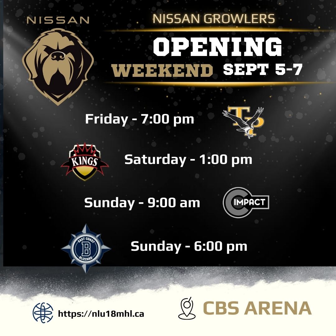 🚨Hockey’s Back!!🚨

Opening weekend @ CBS Arena this weekend Sept 5-7! $10 admission at the door or on AO.Live. 🐾🥅🏒

#GoGrowlers #NoTimeOff #Woof
<a href="/ImpactAAA/">Traction Central Impact</a> <a href="/EC_Blizzard/">East Coast Blizzard</a> <a href="/TriPenOsprey/">U18 Tri Pen Osprey</a>  <a href="/KingsWestern/">The Western Driving School Kings</a> <a href="/NLU18MHL/">NLU18MHL</a>