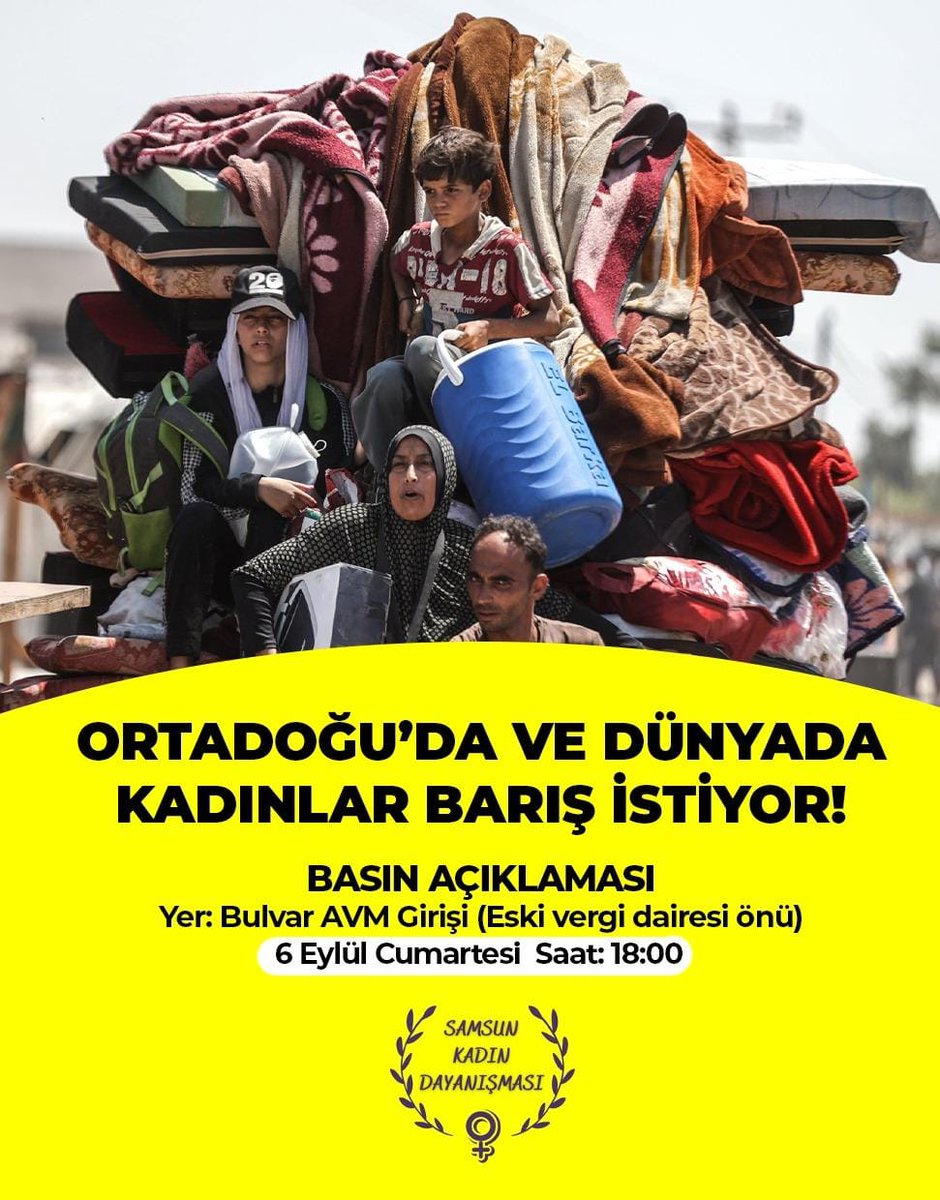Ortadoğu'da ve dünyada kadınlar barış istiyor !
Soykırıma ve İşgale Direnen Filistinli Kadınlarla Mücadelemiz Ortak! 
İsrail’e Tam Ambargo uygulansın demek için 6 Eylül’de sokaktayız!
#samsun