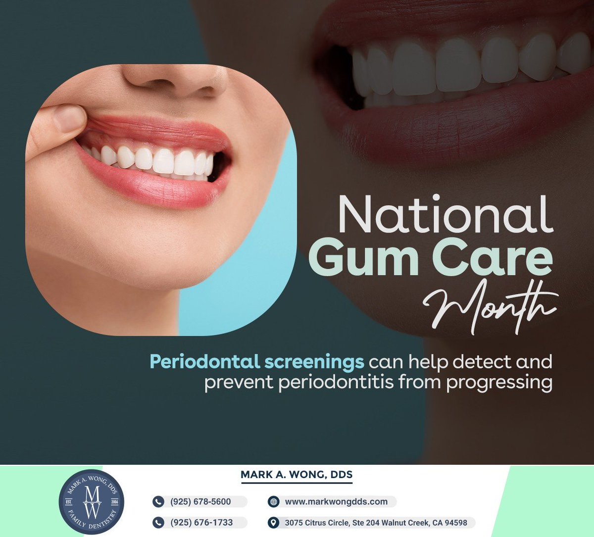 Pay attention to your gum health this Gum Care Month. Schedule a periodontal screening at markwongdds.com and take charge of your oral health. #gumcaremonth #periodontalscreening #markwongdds #walnutcreek #CA