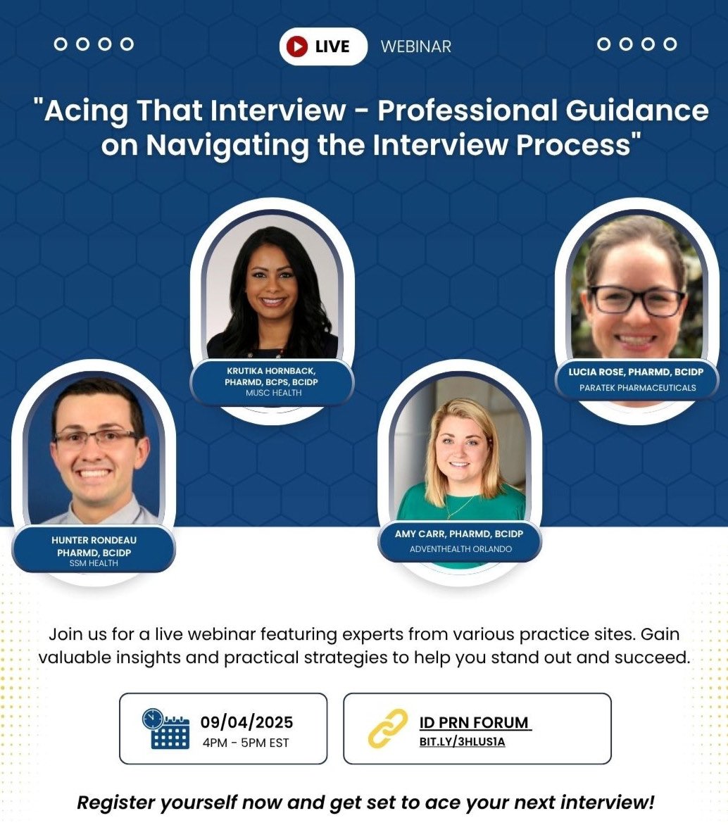 Join the ACCP ID PRN for Acing That Interview – tips for navigating residency, fellowship, or job interviews.🤝

Date: 9/4 | Time: 4–5 PM EST | Virtual 💻

Refer to ID PRN listserv email 📩to register and Zoom link.