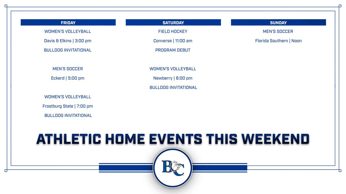 BULLDOG HOME ATHLETIC EVENTS THIS WEEKEND!

👇

Season openers for Women's Volleyball and Men's Soccer and the program debut of Field Hockey!

🏑⚽️🏐 . #BartonBold . #BCBulldogs