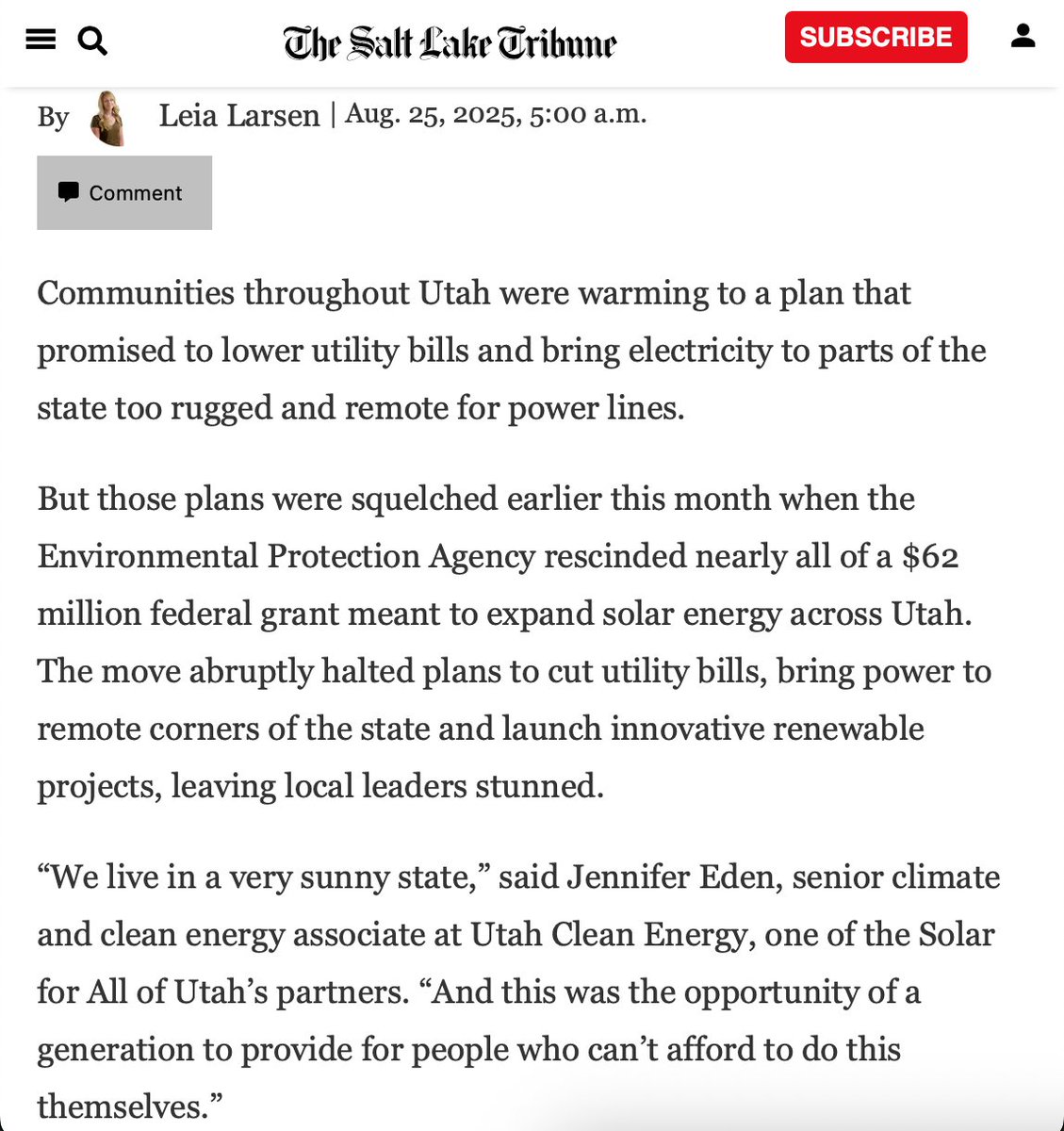 🚨 The Trump admin just yanked $62M in solar grants for Utah, cutting off clean, affordable energy for rural towns, tribal lands, and low-income families.

Communities lose lower bills + energy security while fossil fuels win.