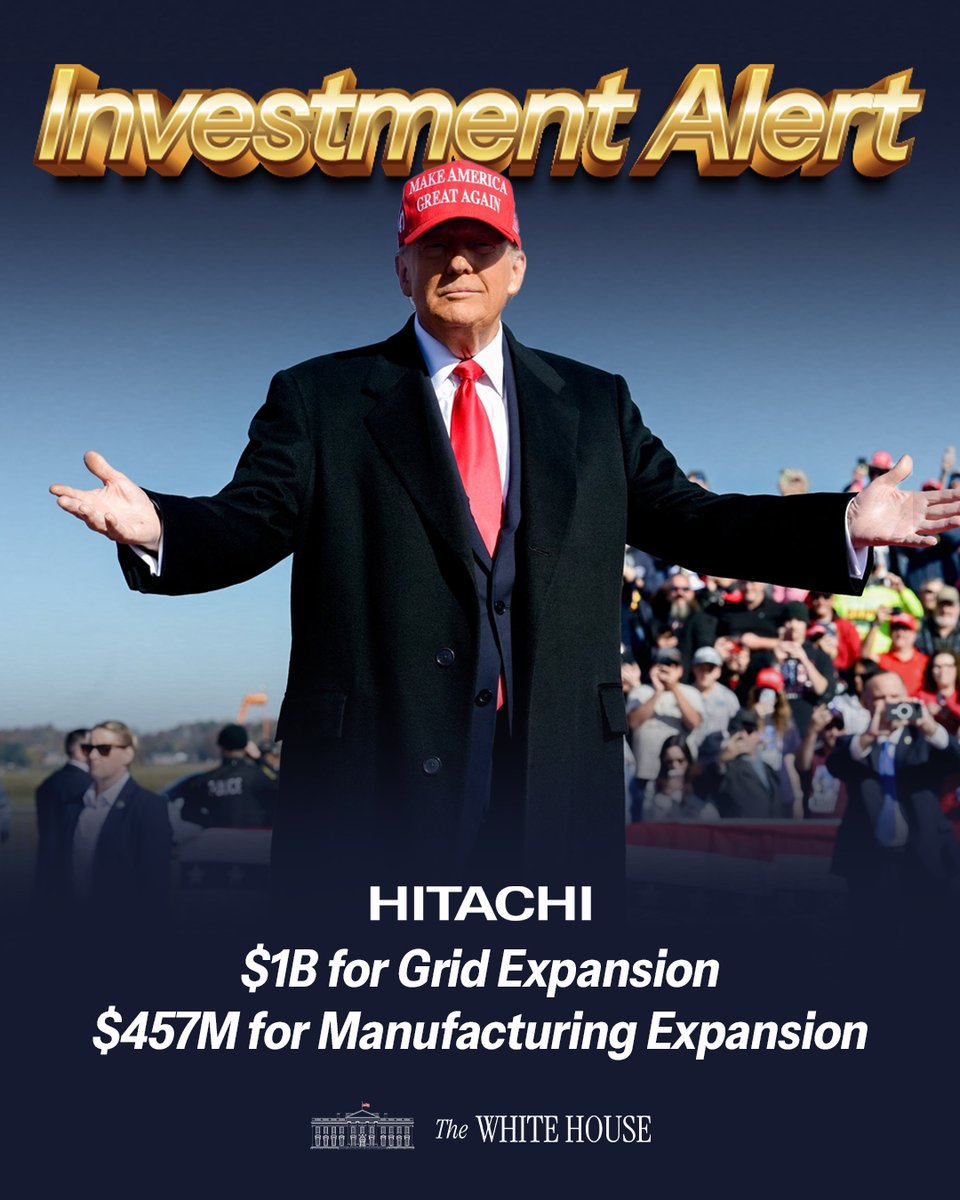 WhiteHouse's tweet image. GOLDEN AGE ✨

@GovernorVA and @Hitachi announced a $457M investment in a new manufacturing facility in Virginia, part of a larger $1B investment to expand critical U.S. grid infrastructure.