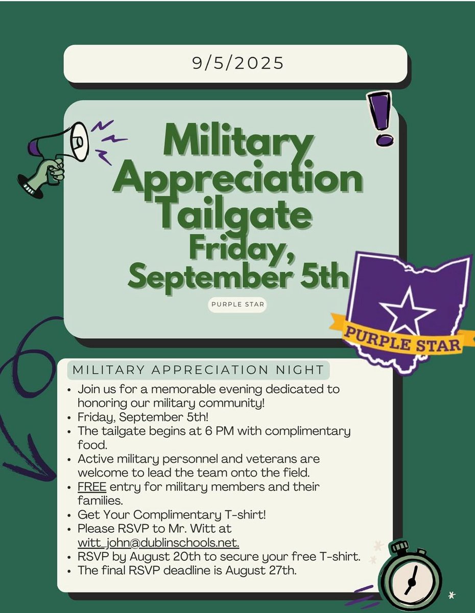 Reposting <a href="/dshs/">dshs</a>.purplestarclub !

We are still in need of some donations for the Purple Star Club tailgate THIS Friday! 

Please sign up if you can donate to the amazing Scioto organization!

signupgenius.com/go/30E0B4DA9AE…

#irishnation☘️