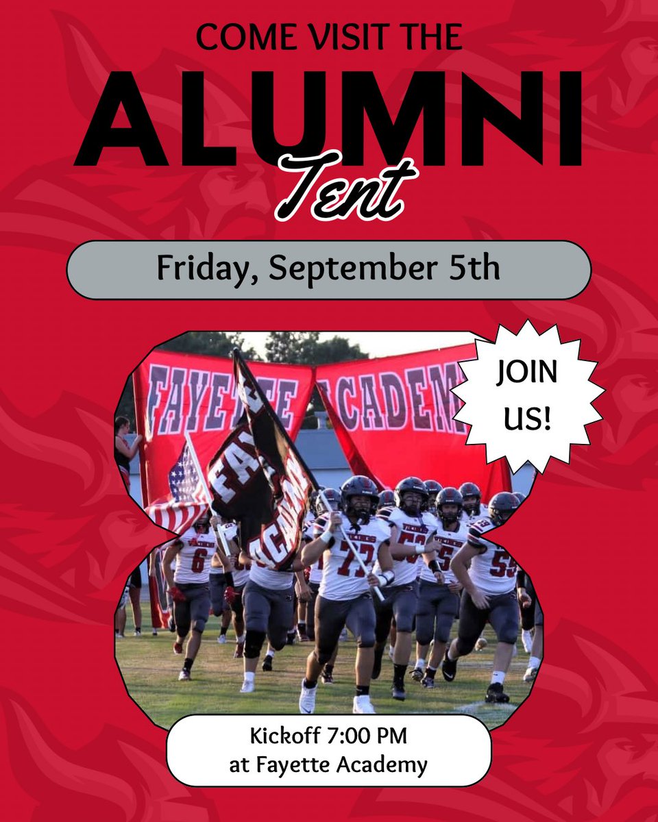 Calling all Fayette Academy Alumni!

Come visit us at the Alumni Tent tomorrow night as the Vikings host SBA! Kickoff is at 7:00 PM!

#FAVikings #GoBigRed #FAmily #FAalumni