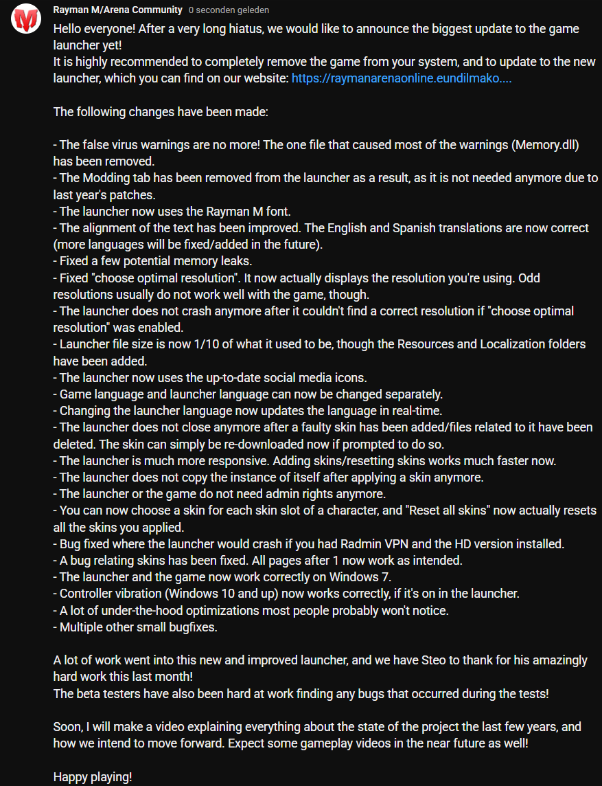 RaymanCommunity's tweet image. Good day everyone! I have an important announcement to share!

The game launcher has received a massive update. You can download the latest update on our website: raymanarenaonline.eundilmako.com 

The image below describes all the changes that have been made.

Happy playing!