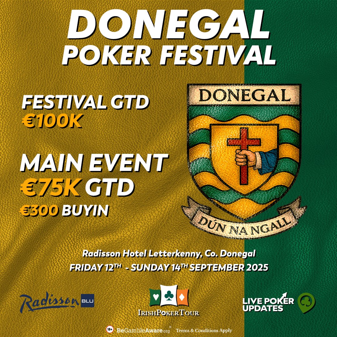 🔶 Donegal Poker Festival Satellite on <a href="/paddypowerpoker/">Paddy Power Poker</a> 🍀 Tonight €10 buy-in 🔥

✅ Tonight &amp; Tomorrow – grab one of the TWO €670 Donegal Poker Festival Packages!
👉 Just a €10 Buy-In 💸
👉 1 x €670 Package GTD each night 🏆

📍 Be part of the action at the Donegal Poker