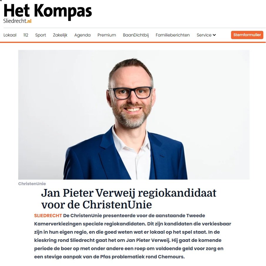 In het <a href="/KpSliedrecht/">KompasSliedrecht</a>: Jan Pieter Verweij regiokandidaat voor de @ChristenUnie.

Ik ga dus "de komende periode de boer op met een roep om voldoende geld voor zorg en een stevige aanpak van de Pfas problematiek rond Chemours". 
👇 
hetkompassliedrecht.nl/lokaal/politie…