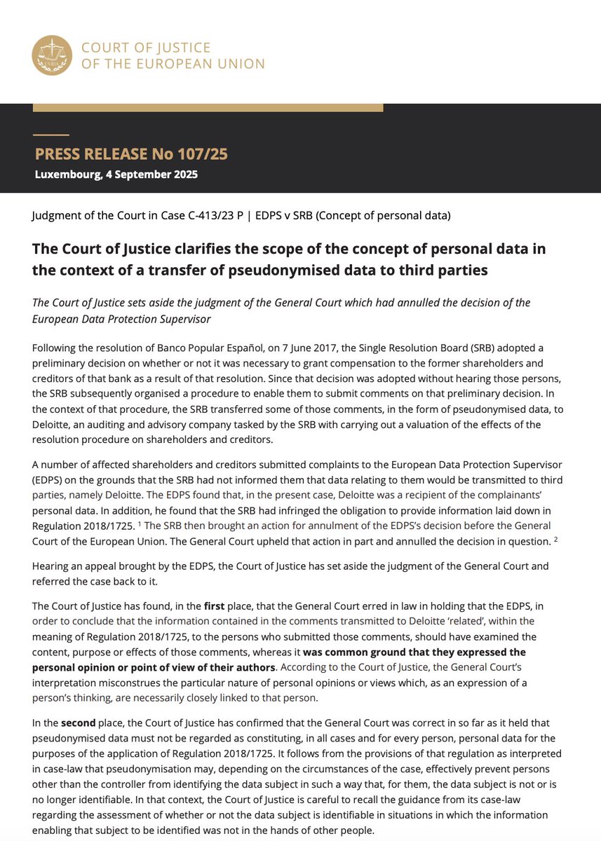 #NovedadesPDP 🇪🇺
🔐 El Tribunal de Justicia de la Unión Europea aclara el alcance del concepto de “datos personales” en transferencias de información seudonimizada.

El 4 de septiembre de 2025, el TJUE resolvió el caso EDPS v SRB (C-413/23 P) y estableció criterios clave para